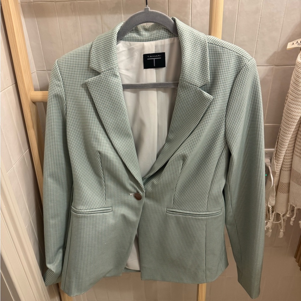 Tahari Pale Mint Gingham Single-Button Blazer